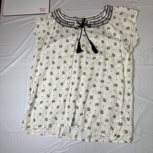 Jean Pascale Womens Cream Floral Boho Peasant Blouse Tassel Embroidery‎